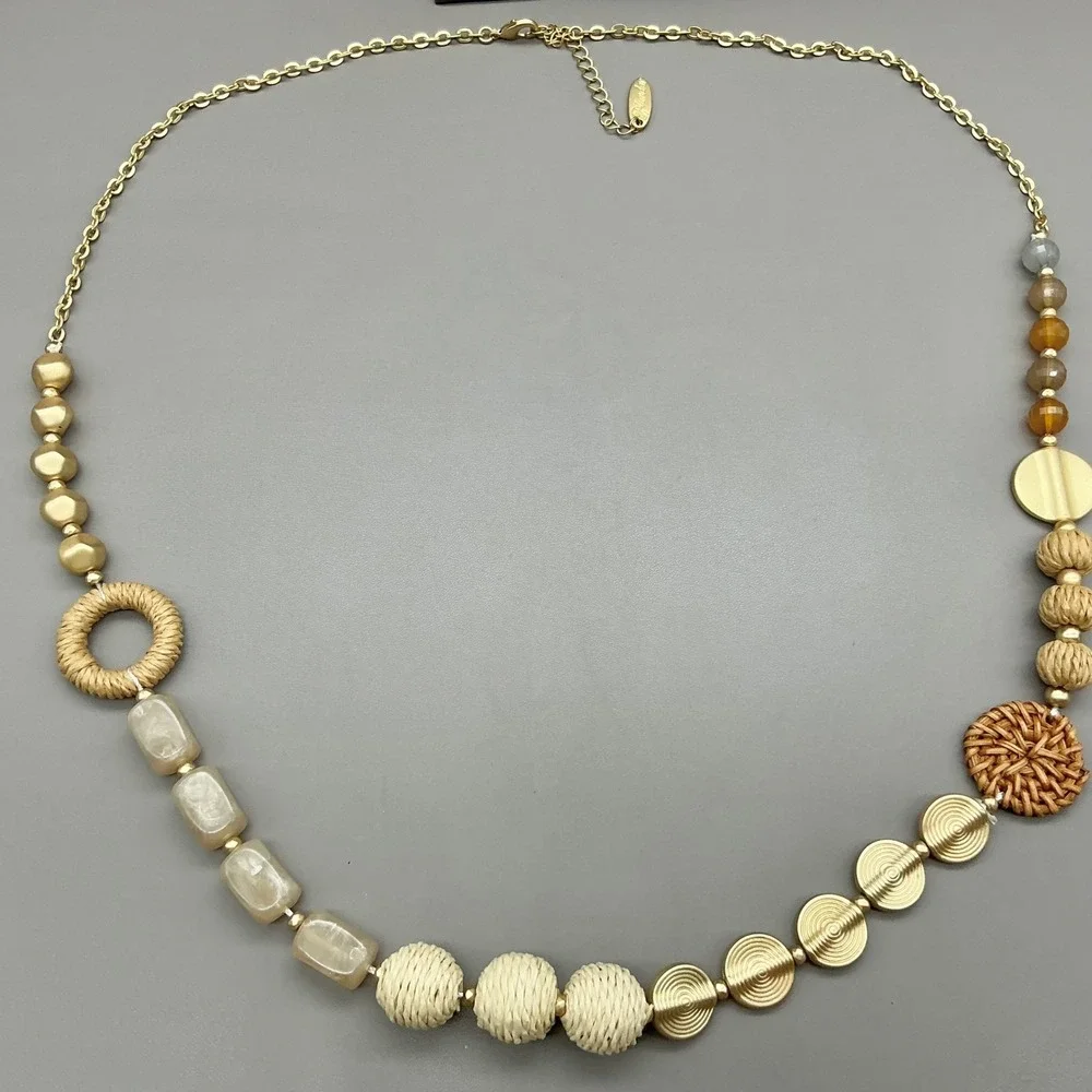 Plunder Necklace Women Gold Tone Mixed Bead Raffia Woven Boho Long Adjustable